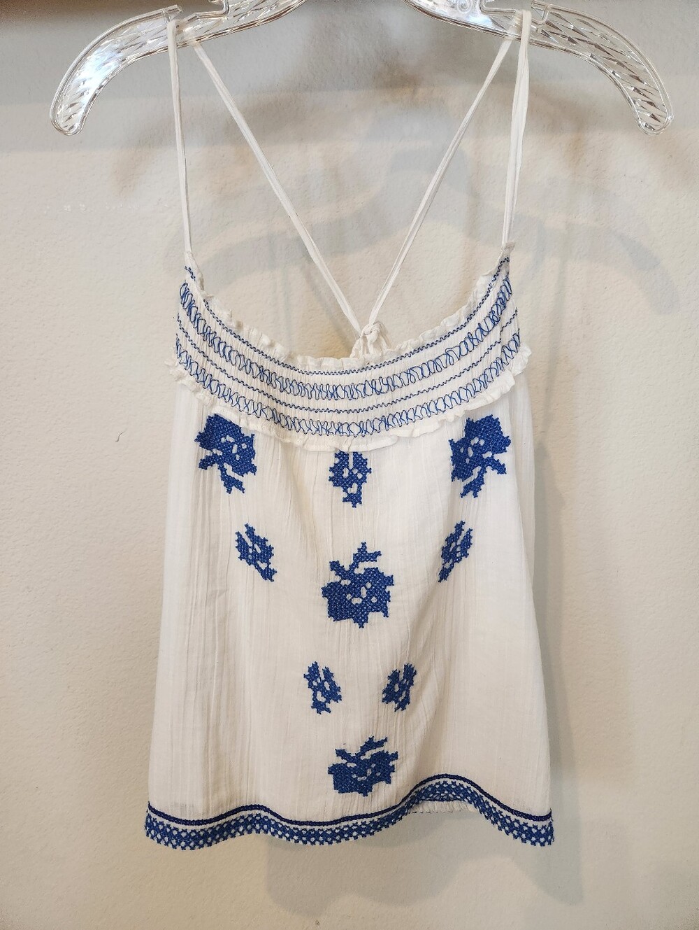 Abercrombie & Fitch Flowy Cotton White Tank with Blue Embroidered Floral Detail